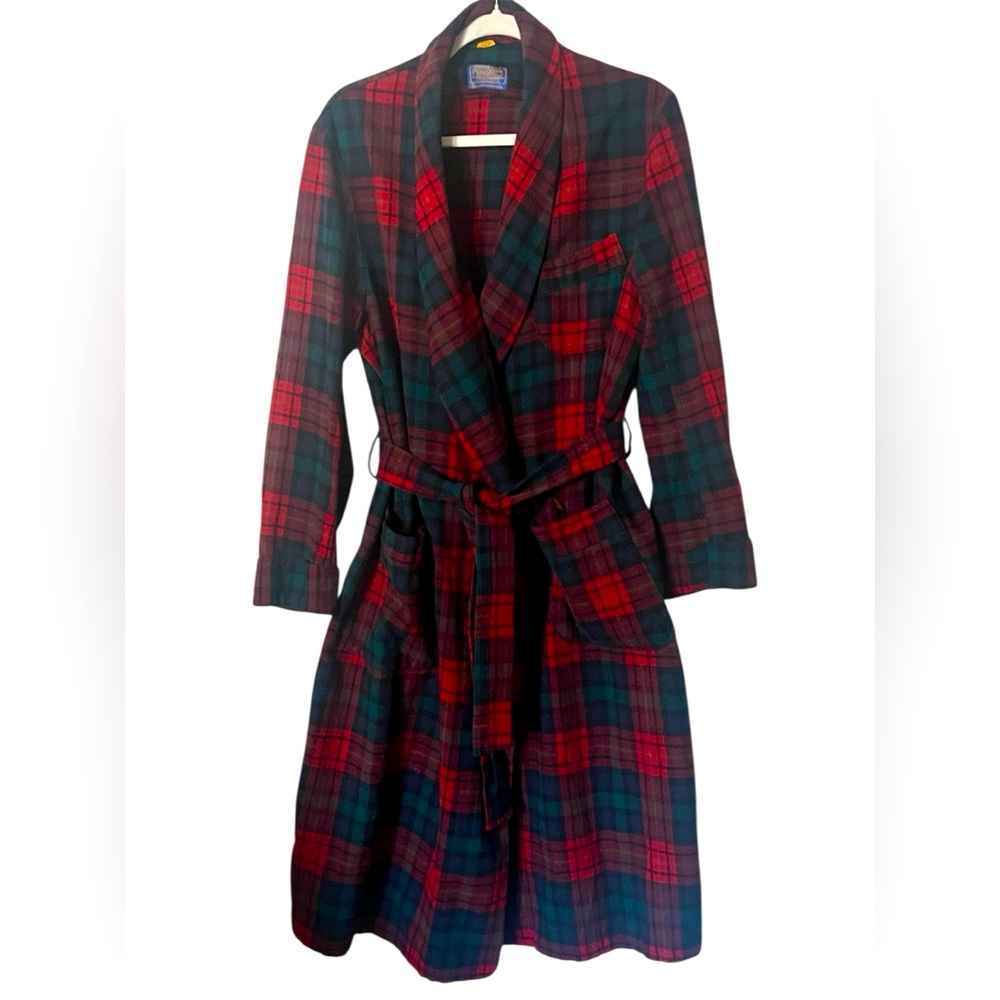 Vintage Pendleton Red Green Tartan Plaid Wool Belted Lounge Robe Size L